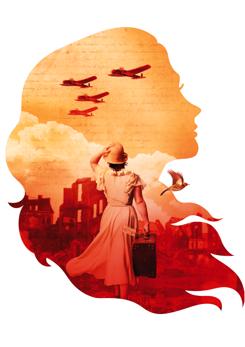 A woman walking through a dilapidated city landscape